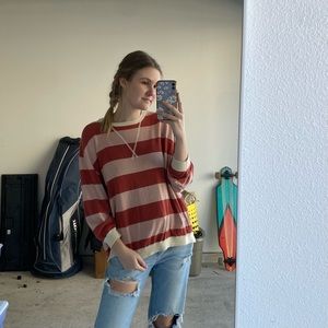 Free People Red and Cream Striped Crewneck Sweater